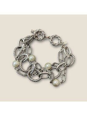 Premier Silver-Tone Chain Link Bracelet With Faux Pearl Accents 8 Inches